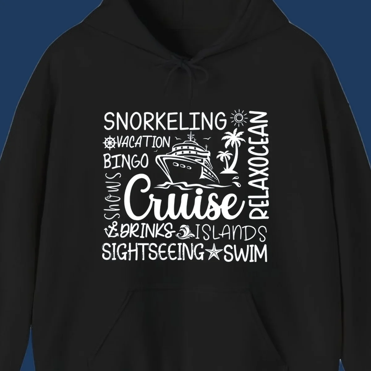 Cruise vacation word cloud design featuring a ship, palm trees, and travel-themed words like snorkeling, drinks, and islands on gray background