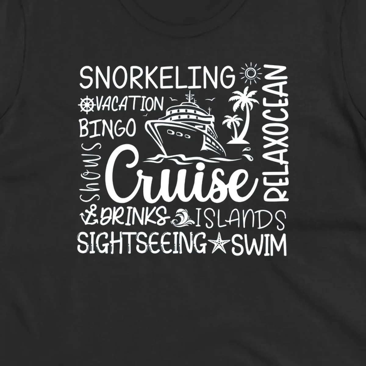 Cruise vacation word cloud design featuring a ship, palm trees, and travel-themed words like snorkeling, drinks, and islands on gray background