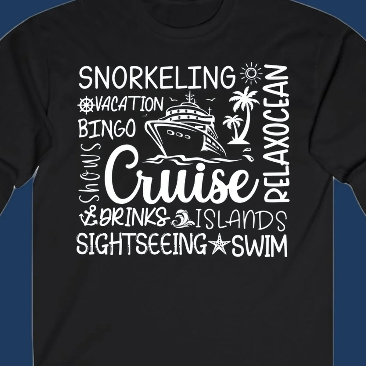 Cruise vacation word cloud design featuring a ship, palm trees, and travel-themed words like snorkeling, drinks, and islands on gray background