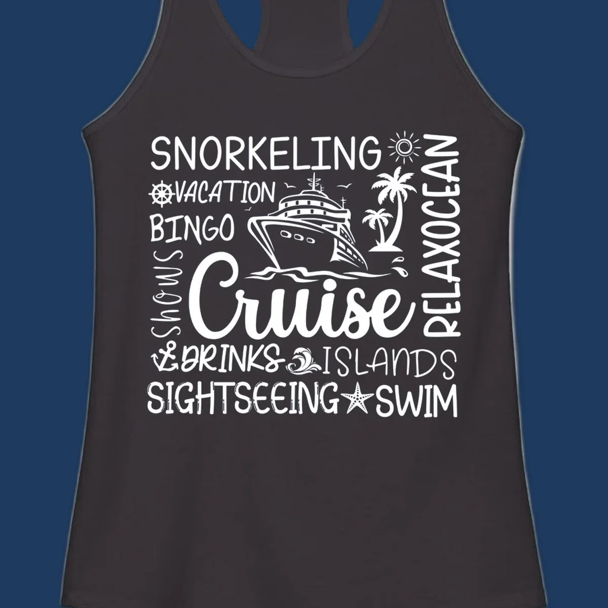 Cruise vacation word cloud design featuring a ship, palm trees, and travel-themed words like snorkeling, drinks, and islands on gray background