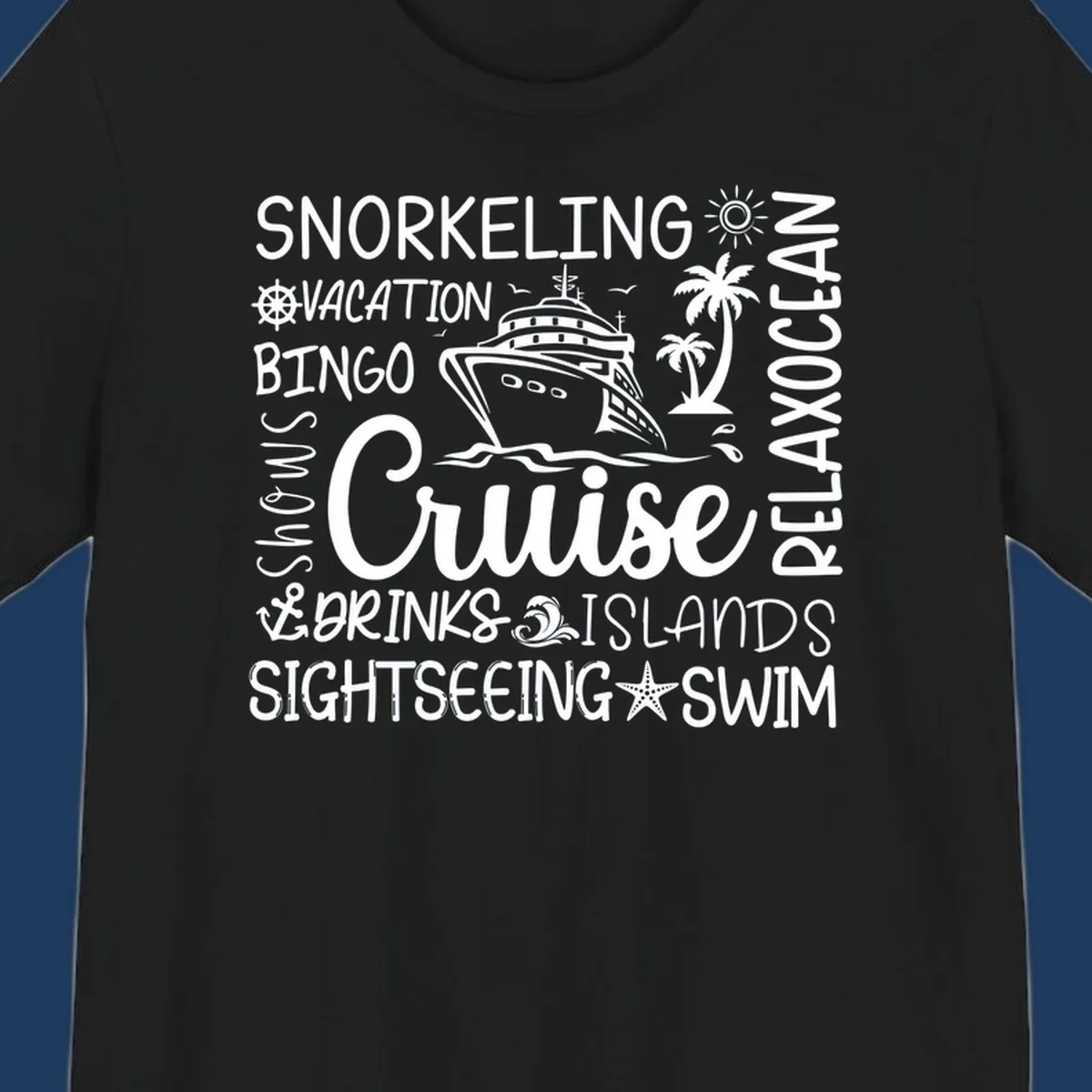 Cruise vacation word cloud design featuring a ship, palm trees, and travel-themed words like snorkeling, drinks, and islands on gray background
