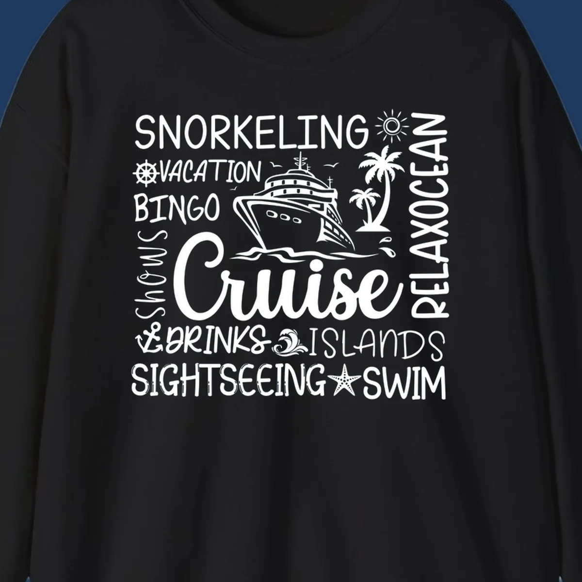 Cruise vacation word cloud design featuring a ship, palm trees, and travel-themed words like snorkeling, drinks, and islands on gray background