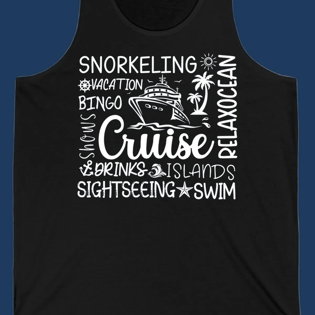 Cruise vacation word cloud design featuring a ship, palm trees, and travel-themed words like snorkeling, drinks, and islands on gray background
