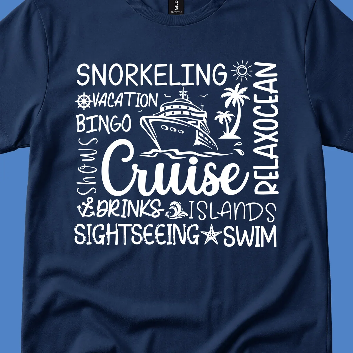 Cruise vacation word cloud design featuring a ship, palm trees, and travel-themed words like snorkeling, drinks, and islands on gray background