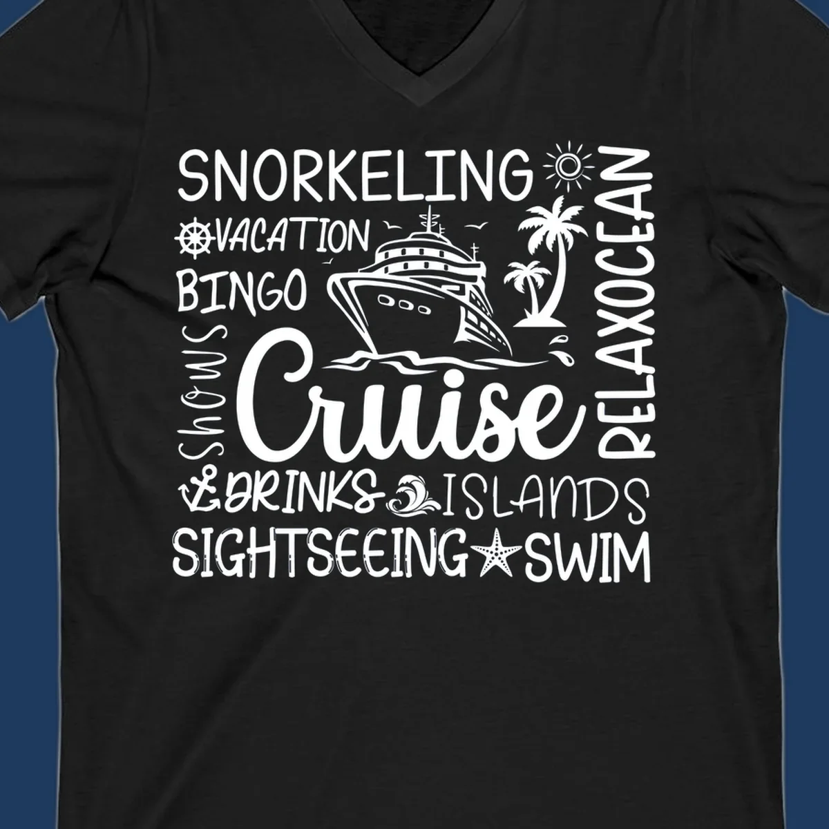 Cruise vacation word cloud design featuring a ship, palm trees, and travel-themed words like snorkeling, drinks, and islands on gray background