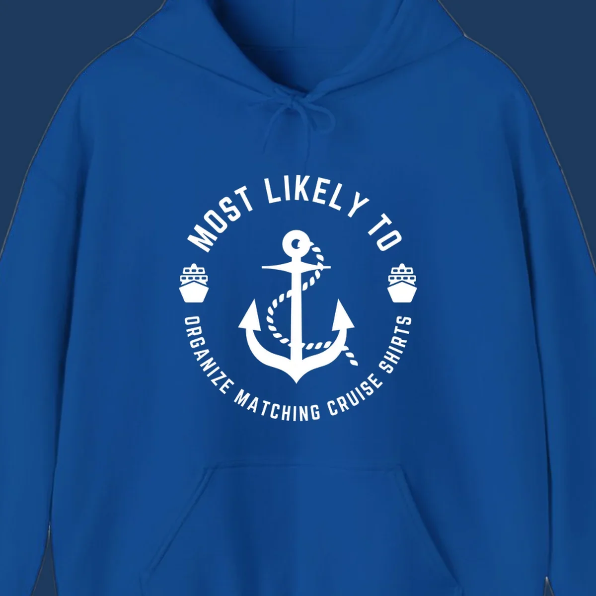 Nautical badge with anchor, rope, and cruise ships featuring 'Most Likely To Organize Matching Cruise Shirts' text
