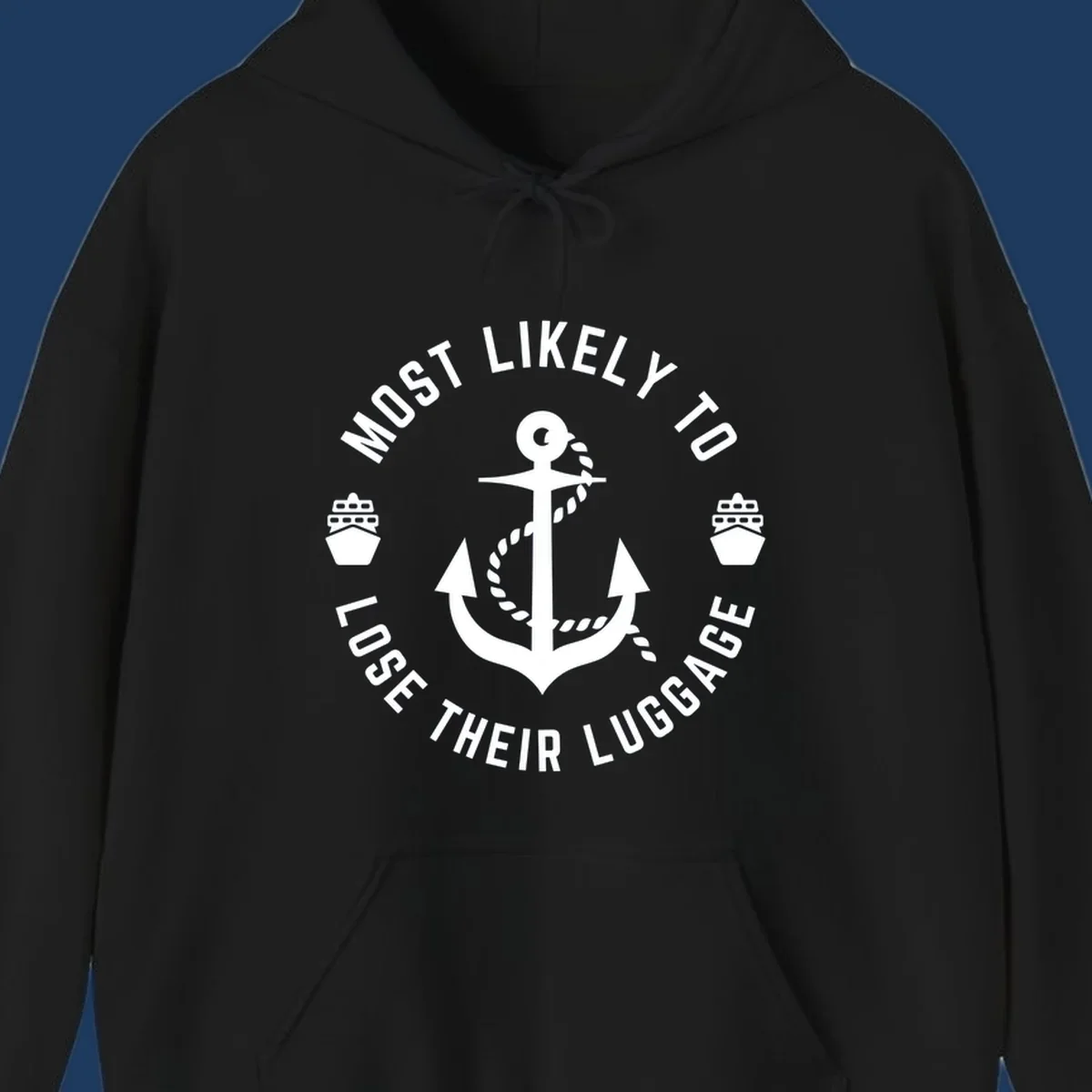 Circular nautical badge with anchor and rope design featuring 'Most Likely To Lose Their Luggage' text with ship icons