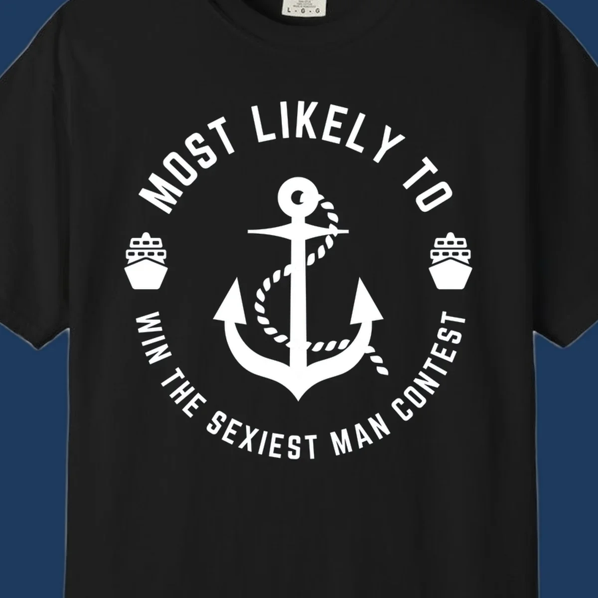Sexiest man cruise award badge with anchor, rope, and ships in nautical style white illustration