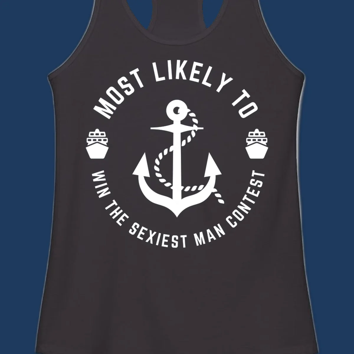Sexiest man cruise award badge with anchor, rope, and ships in nautical style white illustration