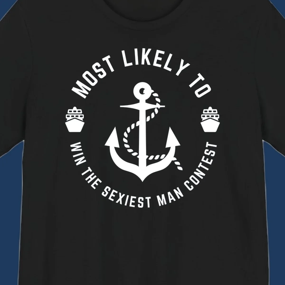 Sexiest man cruise award badge with anchor, rope, and ships in nautical style white illustration