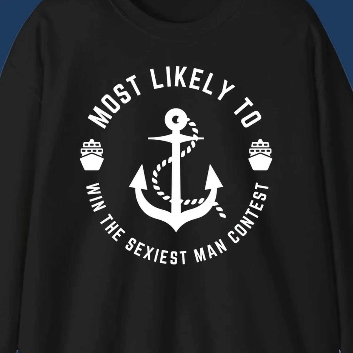 Sexiest man cruise award badge with anchor, rope, and ships in nautical style white illustration