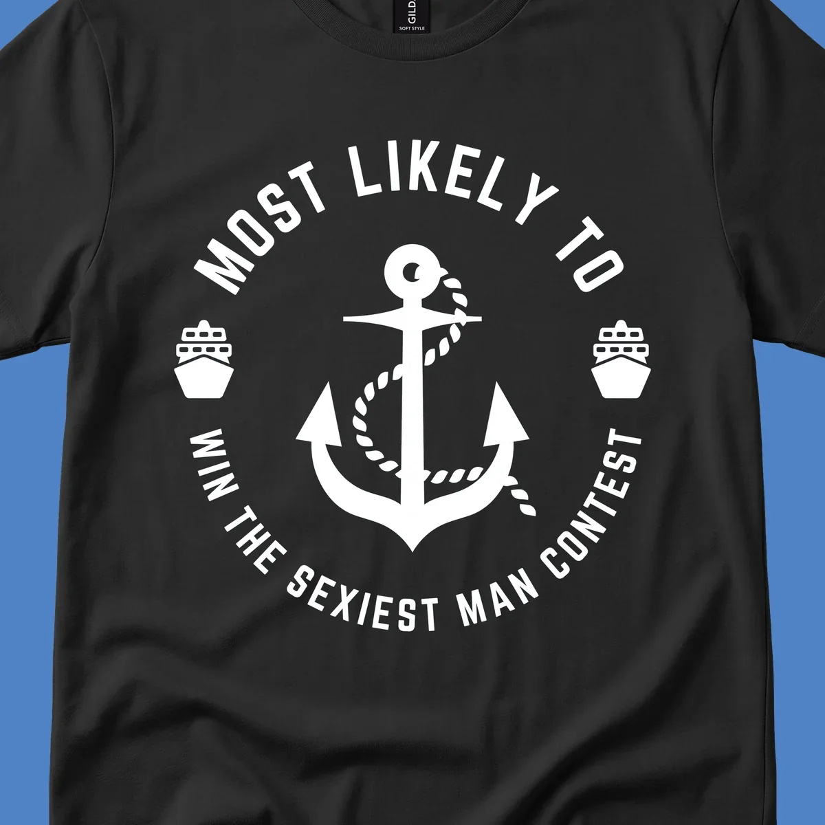 Sexiest man cruise award badge with anchor, rope, and ships in nautical style white illustration
