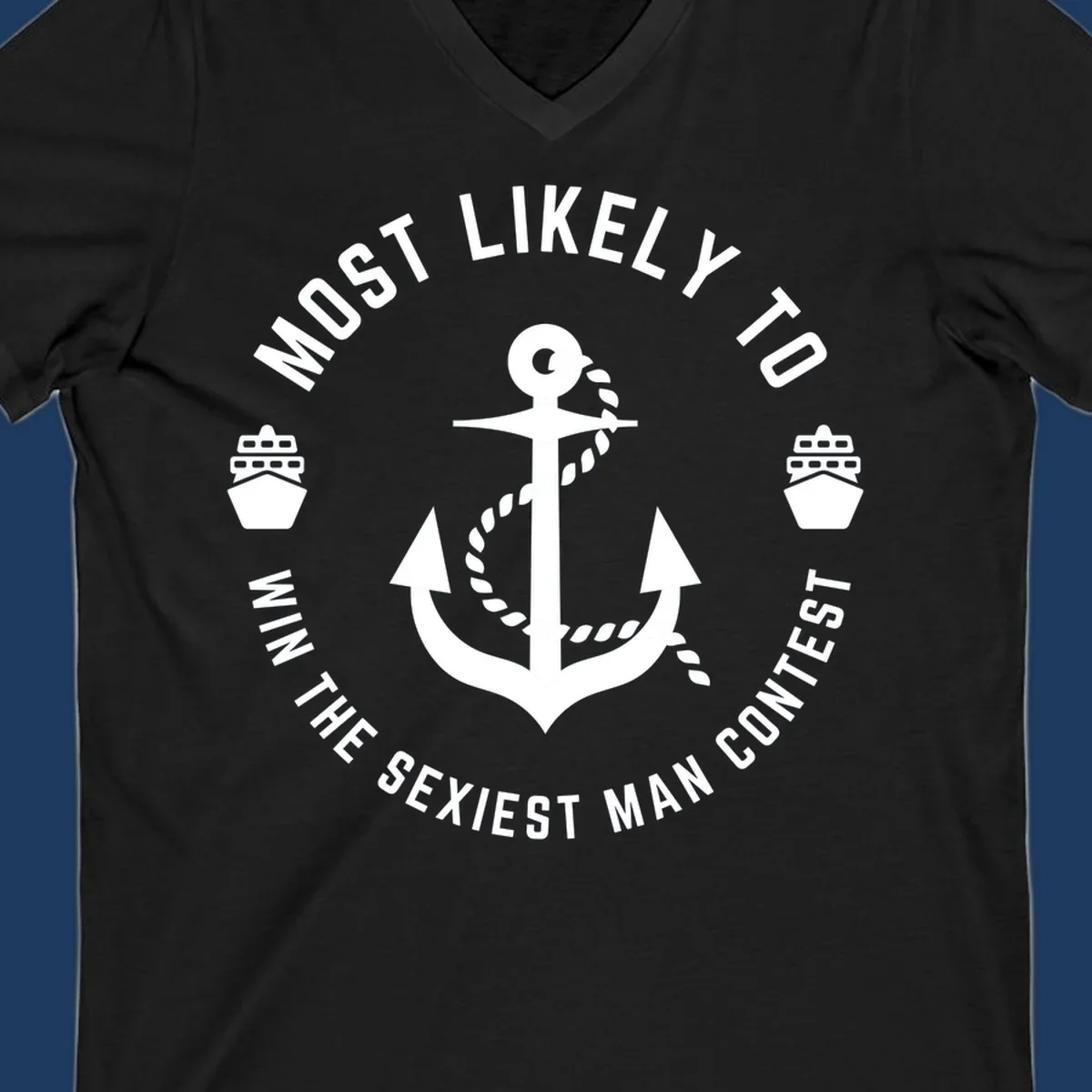 Sexiest man cruise award badge with anchor, rope, and ships in nautical style white illustration
