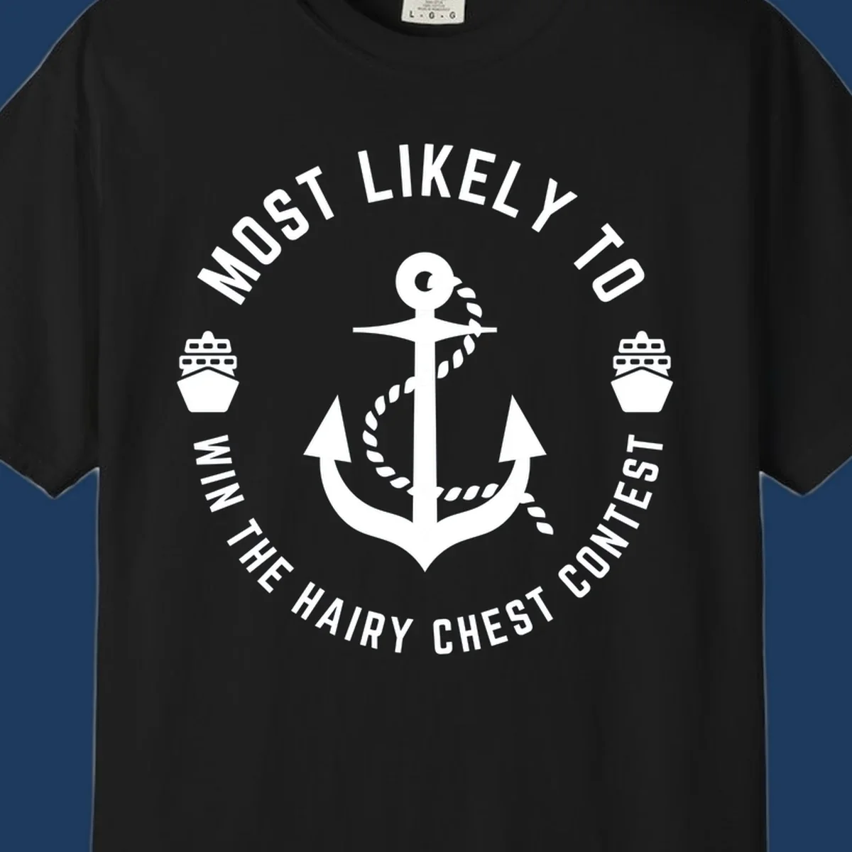 White anchor with rope and ships in circular badge design with hairy chest contest text