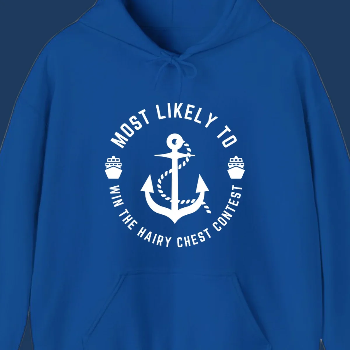 White anchor with rope and ships in circular badge design with hairy chest contest text