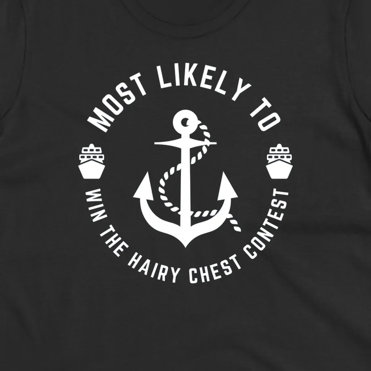 White anchor with rope and ships in circular badge design with hairy chest contest text