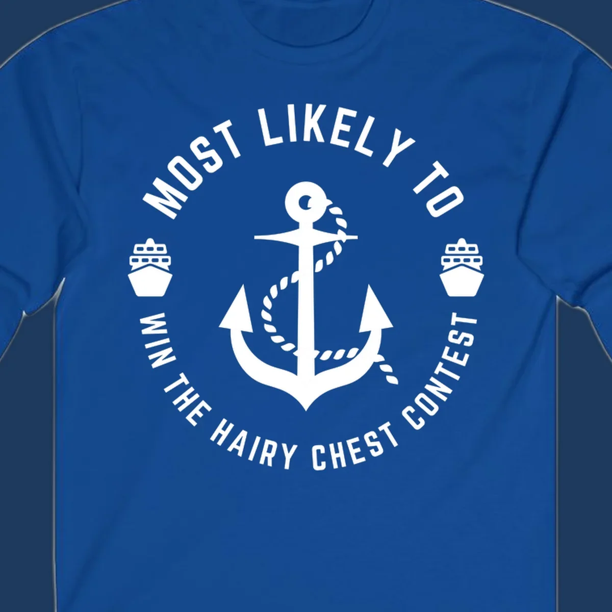 White anchor with rope and ships in circular badge design with hairy chest contest text