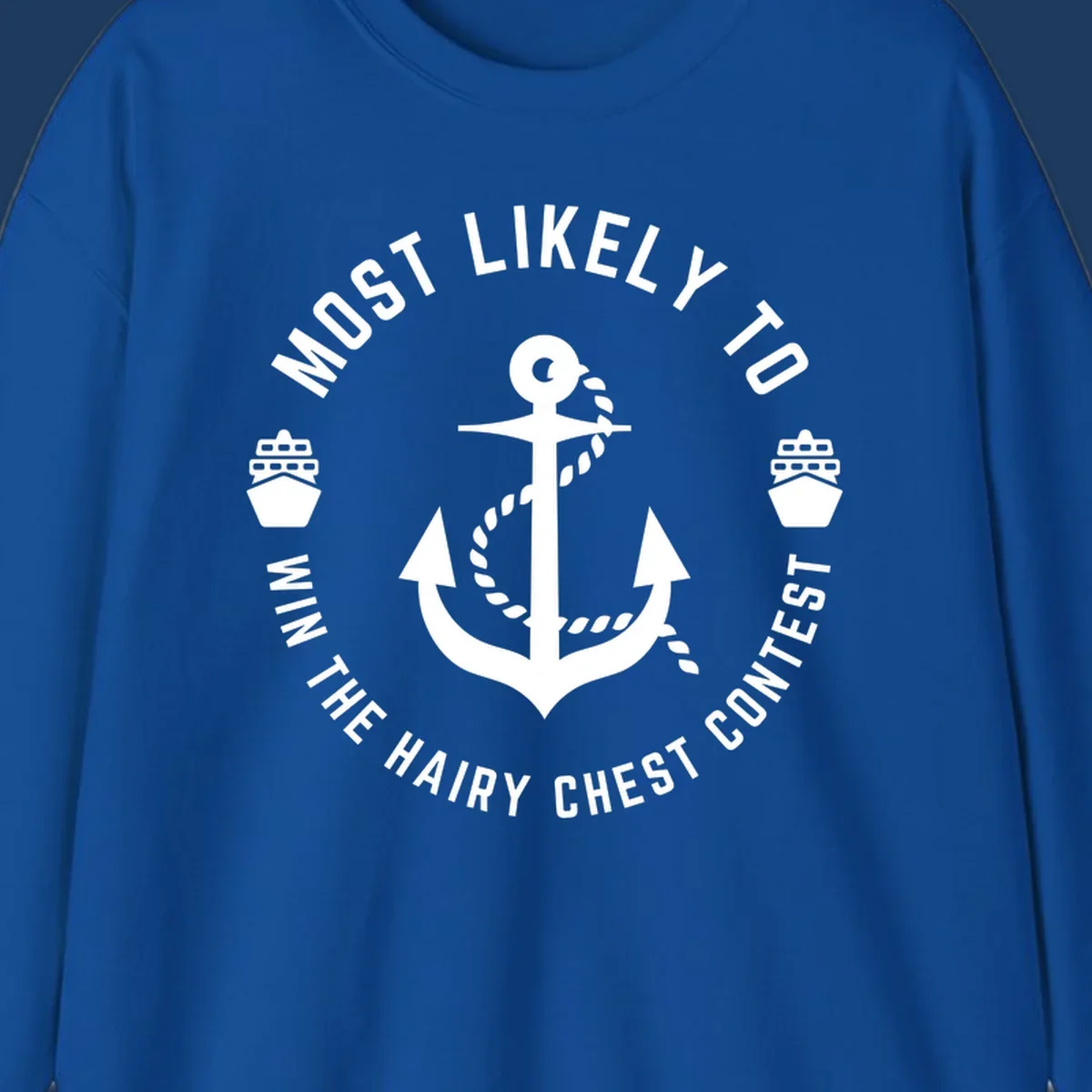 White anchor with rope and ships in circular badge design with hairy chest contest text