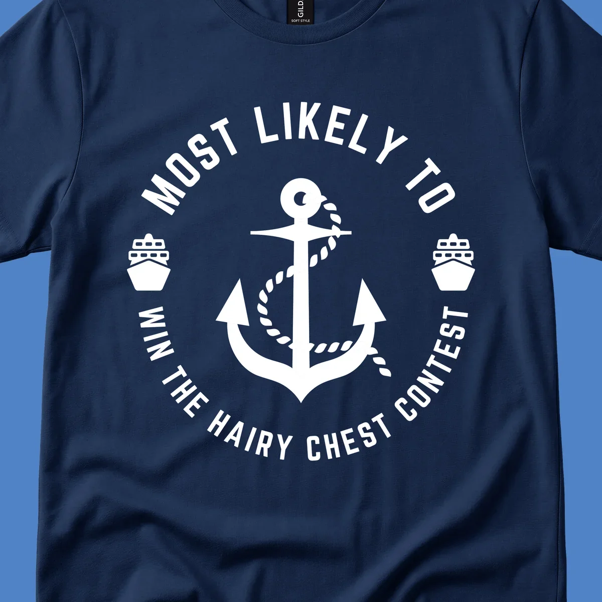 White anchor with rope and ships in circular badge design with hairy chest contest text