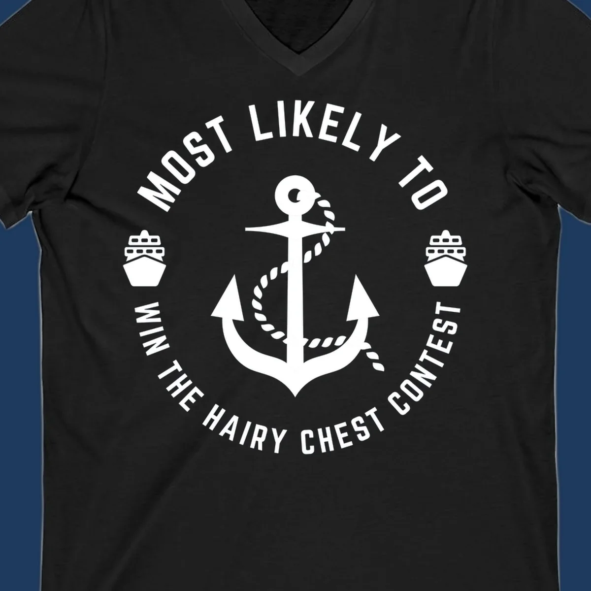 White anchor with rope and ships in circular badge design with hairy chest contest text