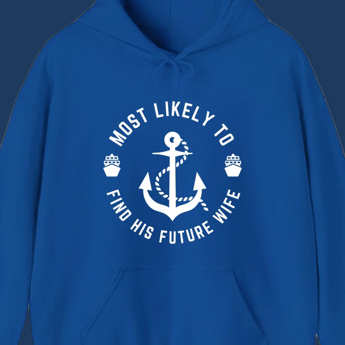 Anchor with rope and ship icons in circular badge design with text 'Most Likely To Find His Future Where' for cruise apparel