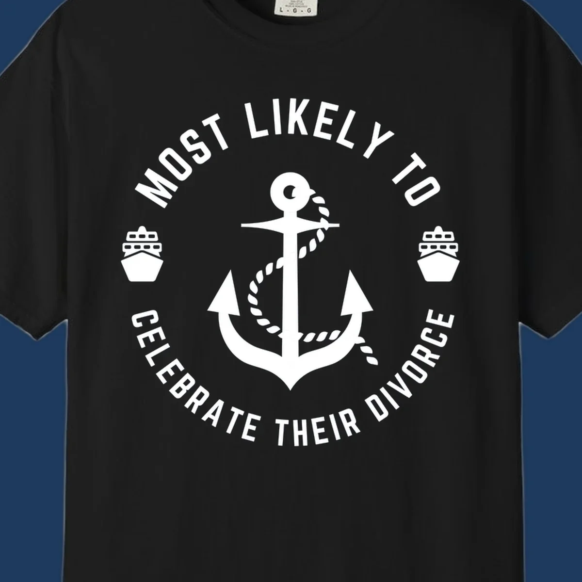 Divorce celebration cruise badge design with anchor, rope, and ships in circular text layout