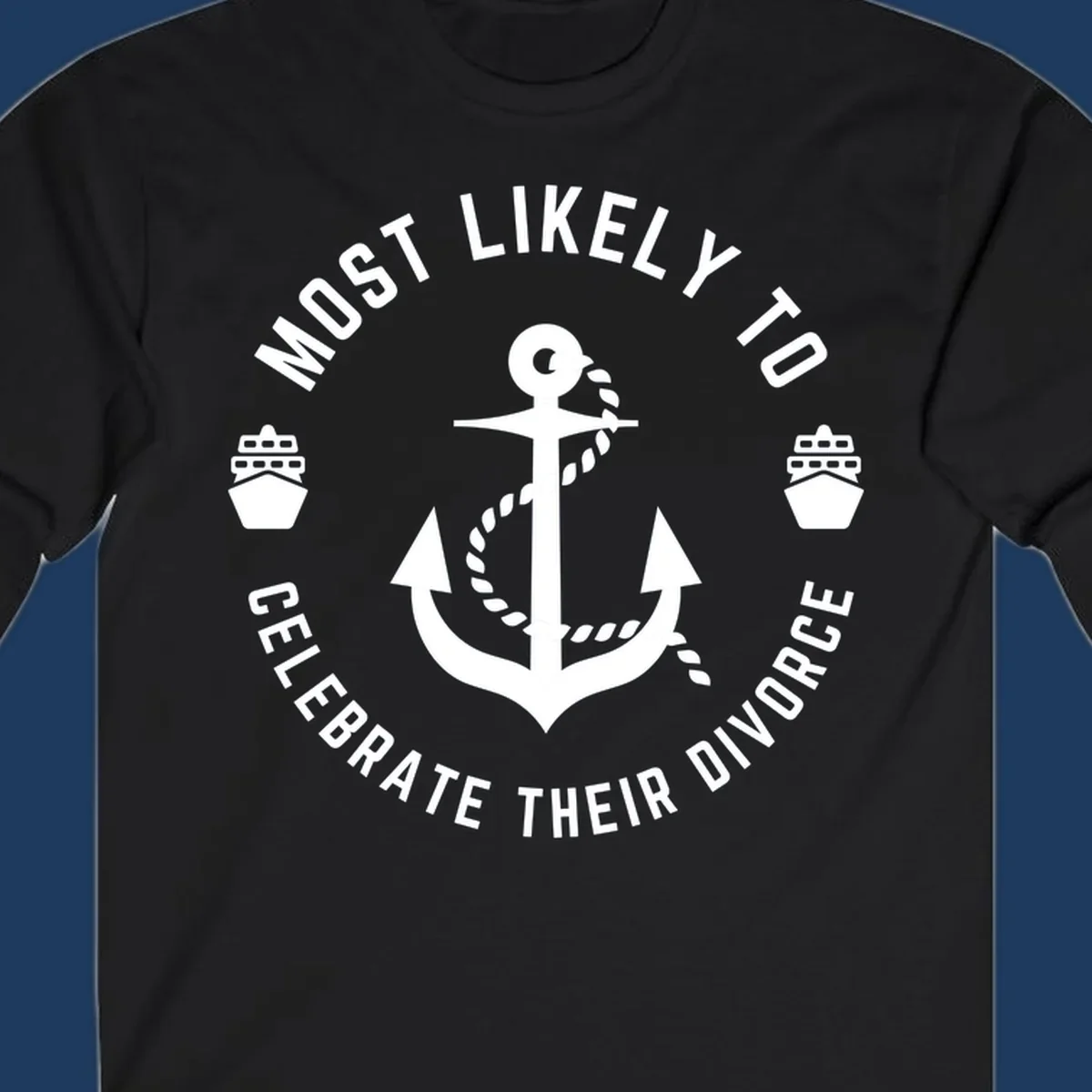 Divorce celebration cruise badge design with anchor, rope, and ships in circular text layout
