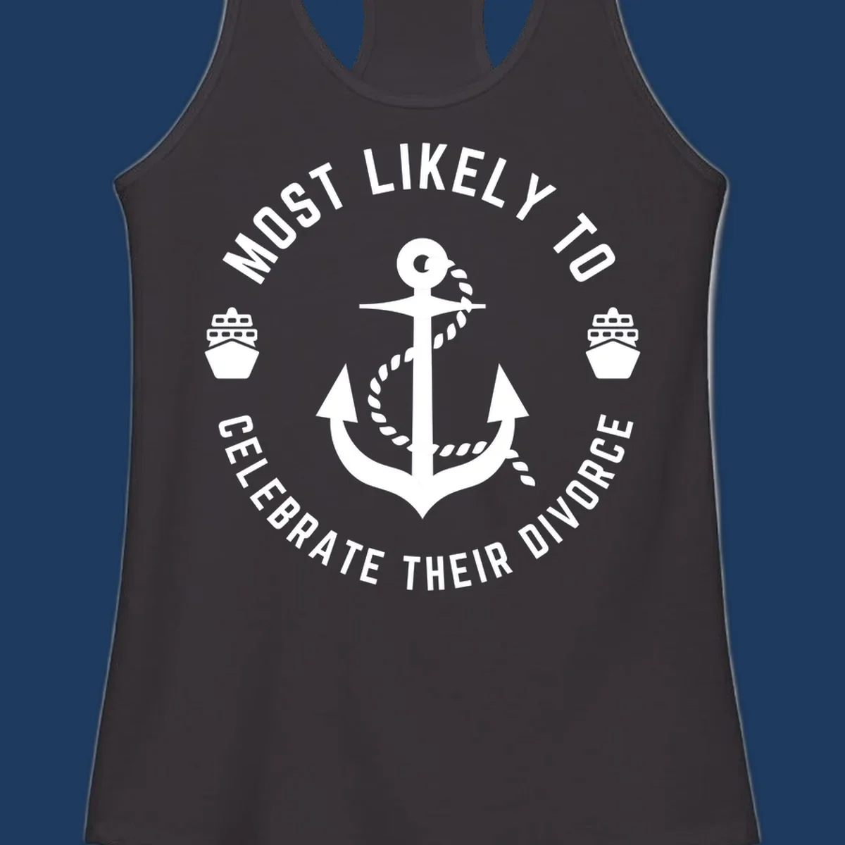 Divorce celebration cruise badge design with anchor, rope, and ships in circular text layout