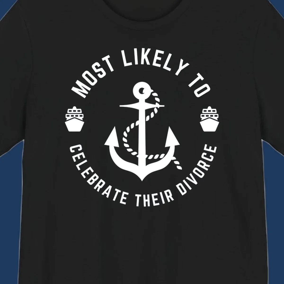 Divorce celebration cruise badge design with anchor, rope, and ships in circular text layout