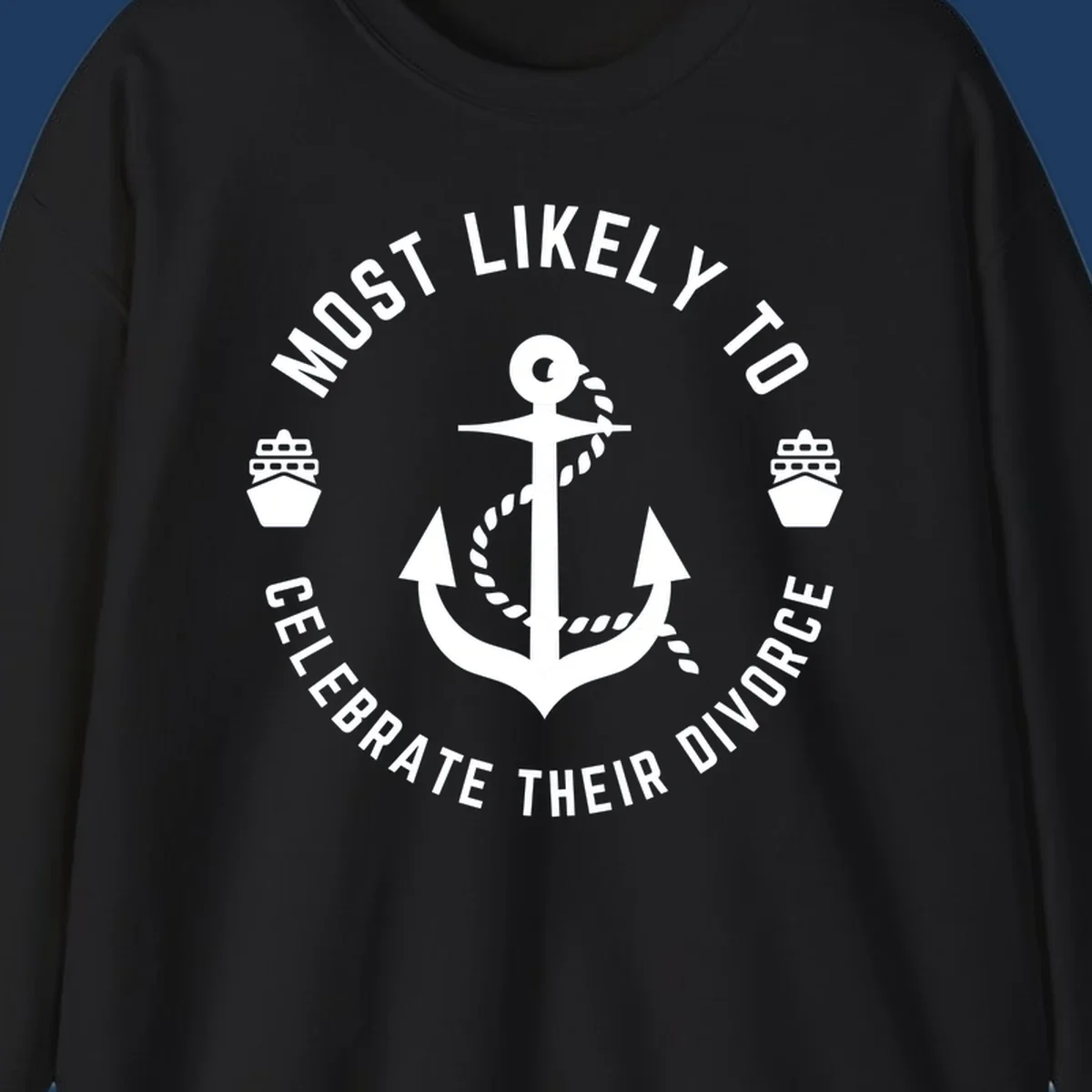 Divorce celebration cruise badge design with anchor, rope, and ships in circular text layout