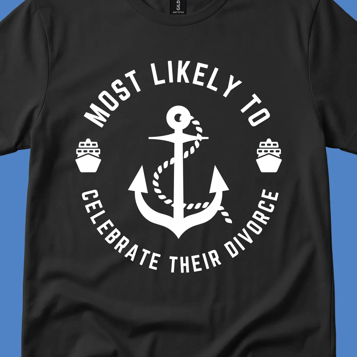 Divorce celebration cruise badge design with anchor, rope, and ships in circular text layout