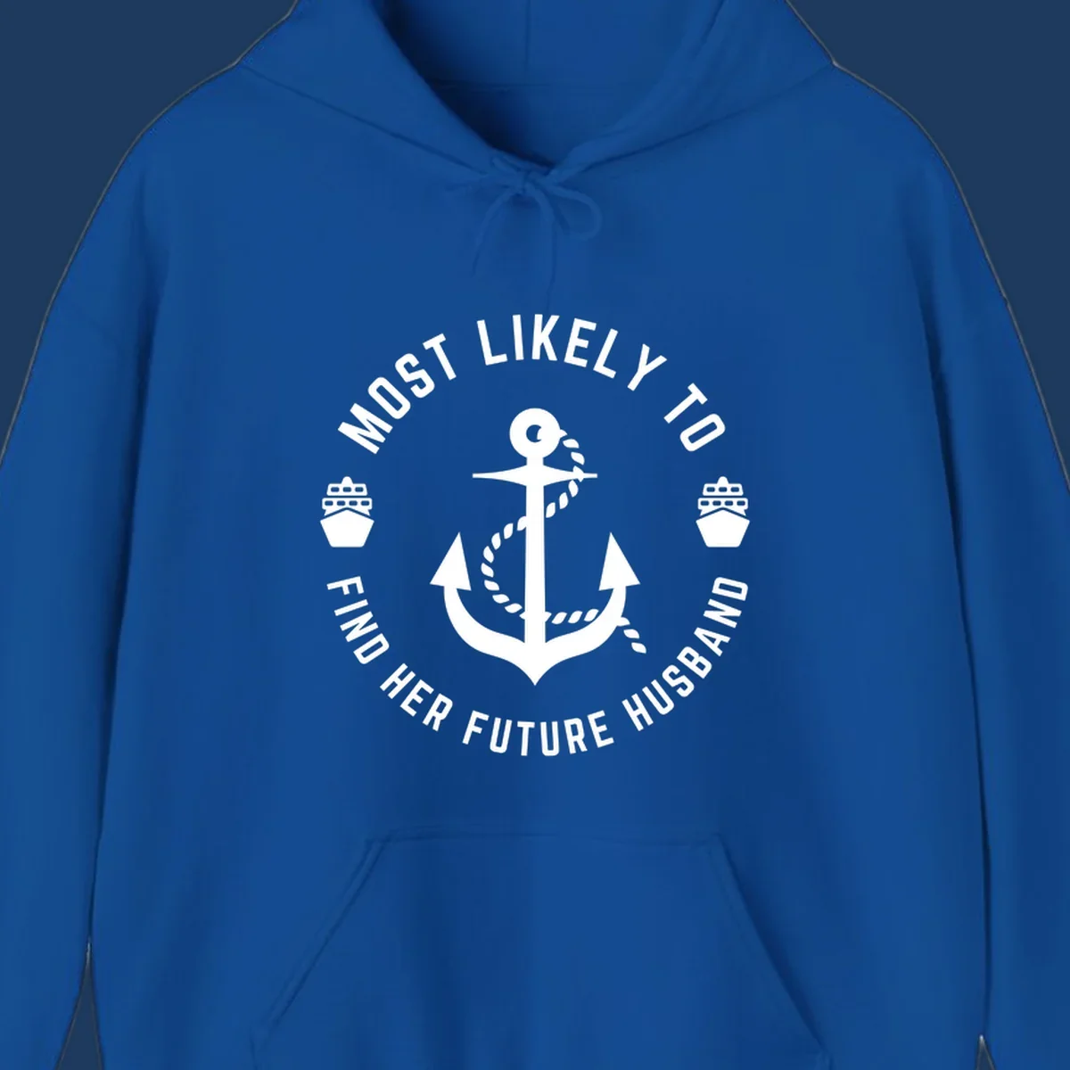 Nautical badge design with anchor and ships, text reads 'Most Likely To Find Her Future Husband' in circular formation