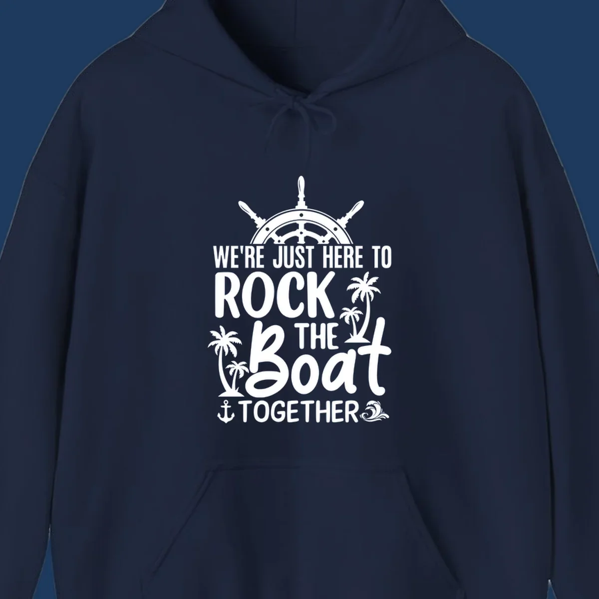 Rock the boat cruise design with ship's wheel, palm trees, and anchor on gray background