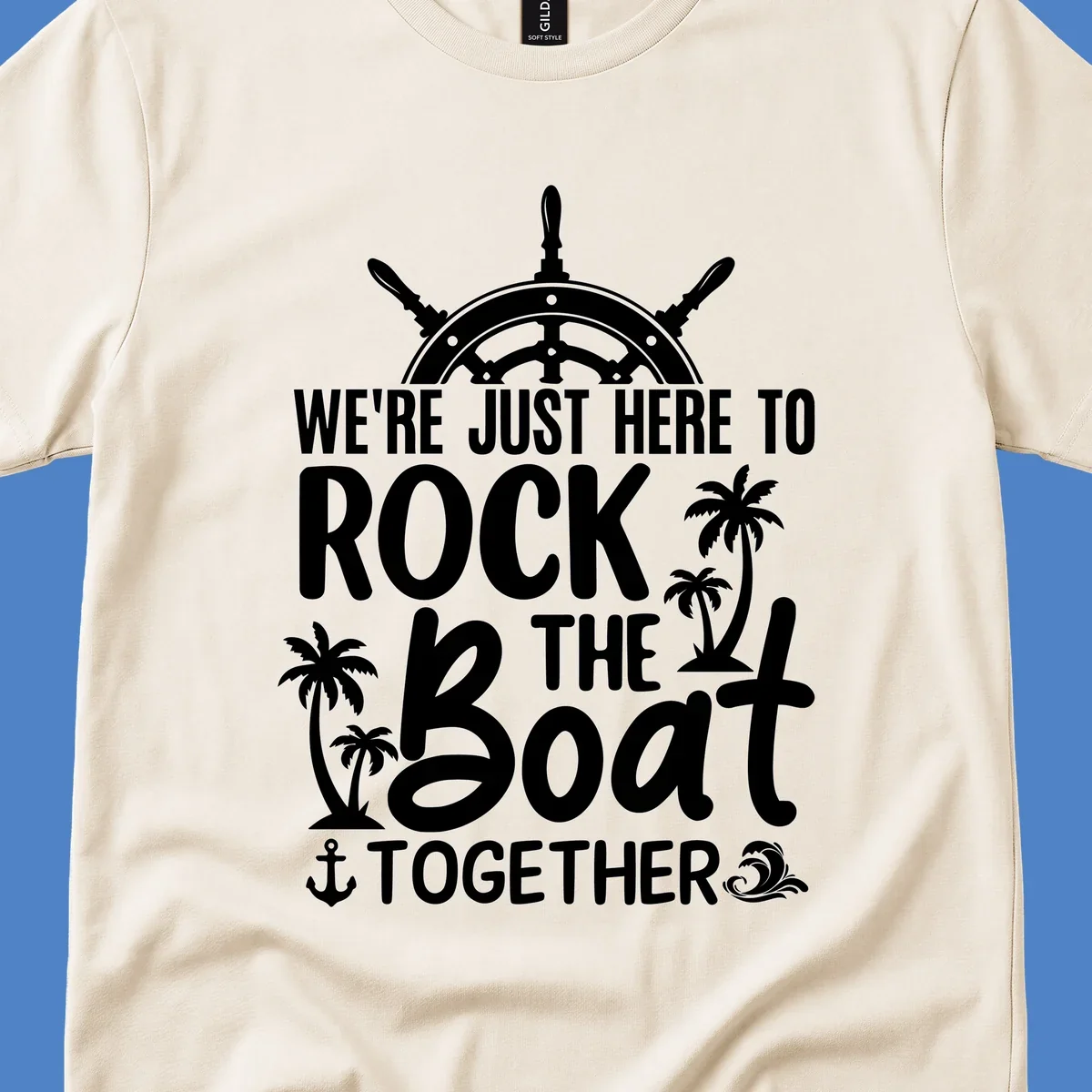 Rock the boat cruise design with ship's wheel, palm trees, and anchor on gray background