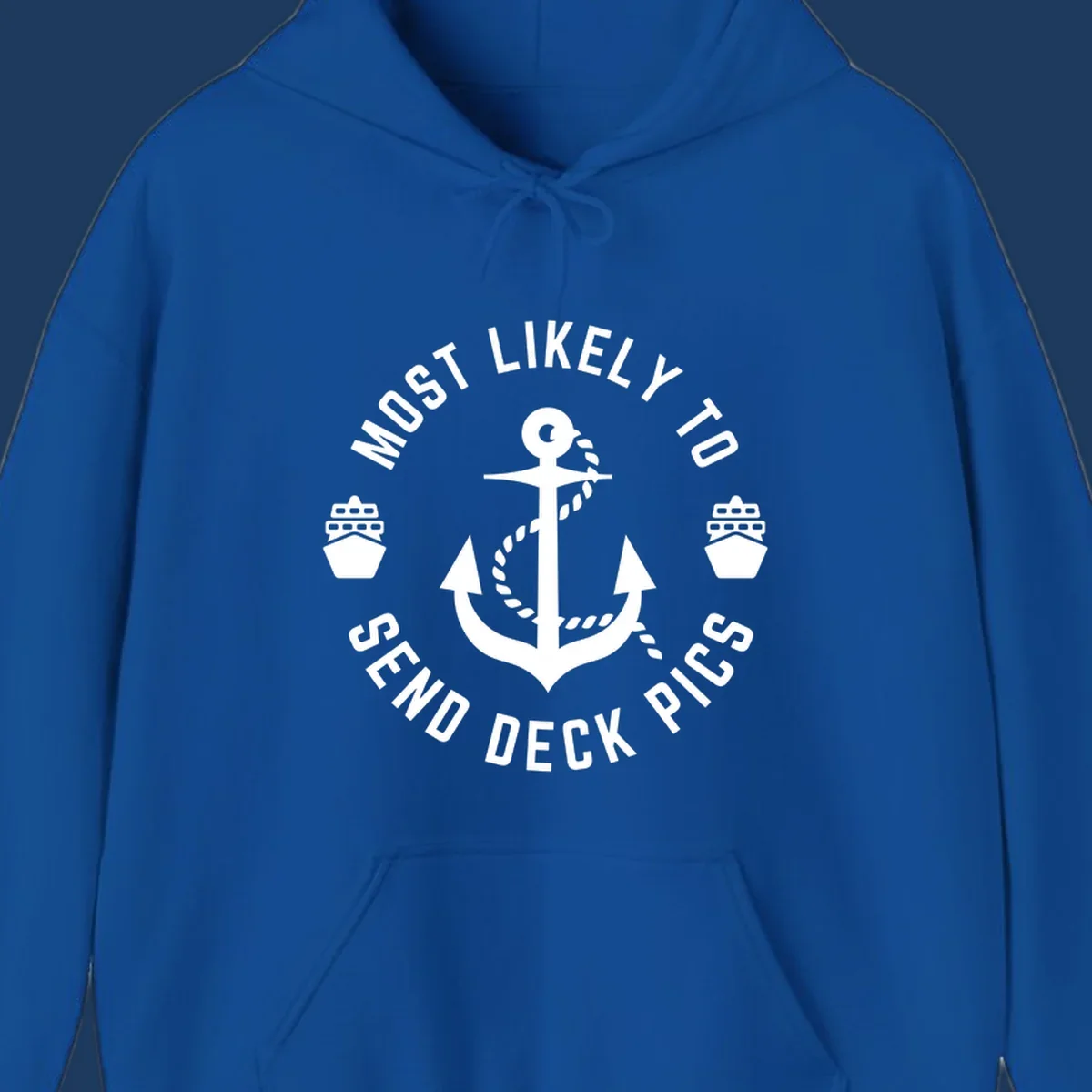 Circular nautical badge with anchor and cruise ships, text reading most likely to send deck pics