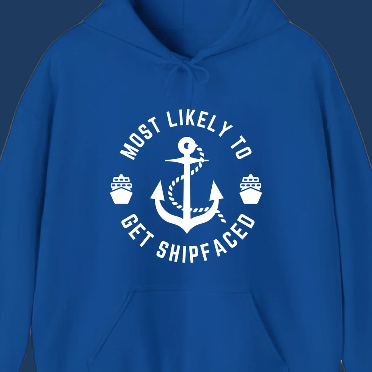 Nautical badge with anchor and ship bows reading 'Most Likely To Get Shipfaced' - a funny cruise-themed design