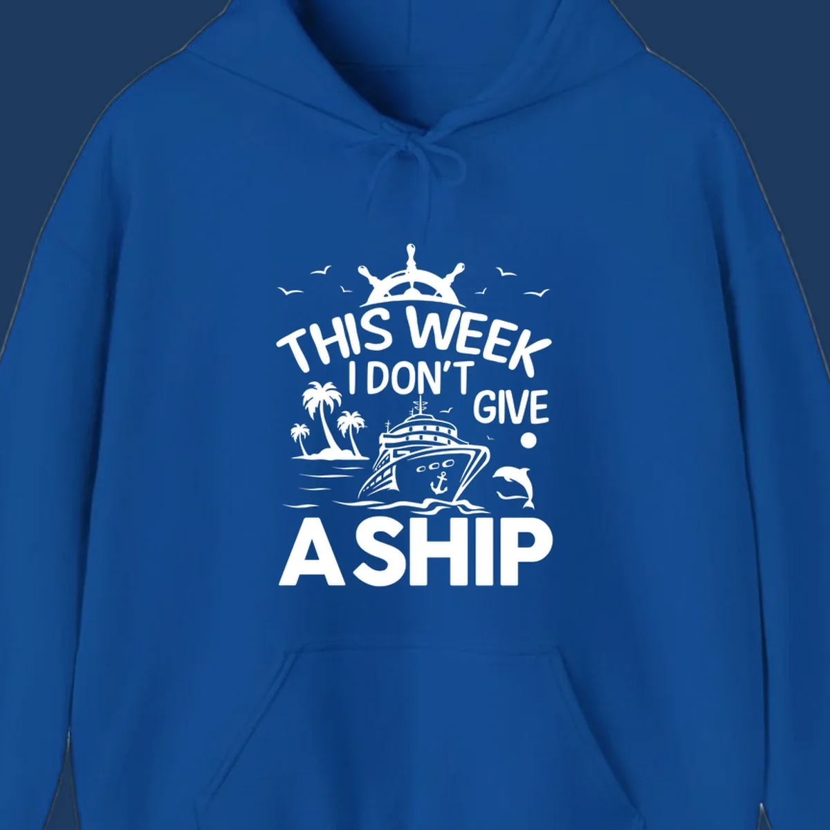 Nautical design with cruise ship, palm trees, and seagulls illustrating 'This Week I Don't Give A Ship' cruise humor