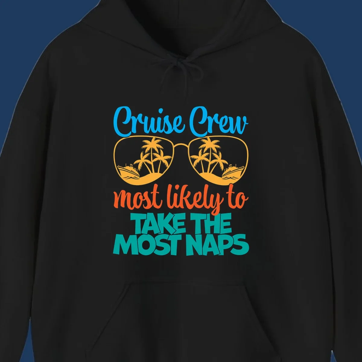 Cruise crew nap humor design with sunglasses containing palm trees and ships, text reads most likely to take the most naps