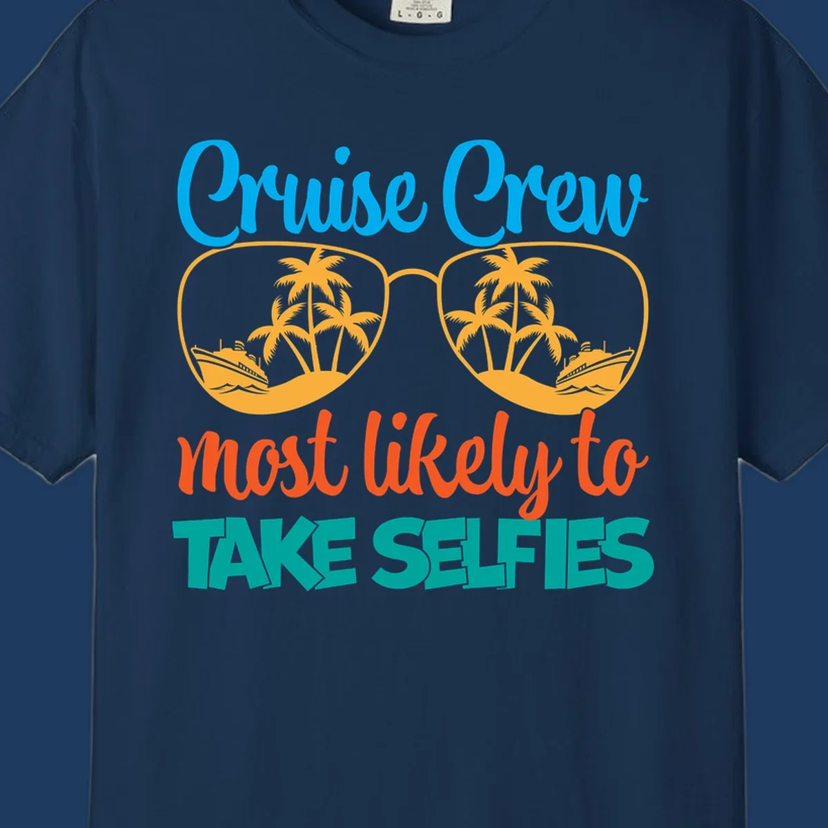 Cruise crew most likely to take selfies design with tropical sunglasses containing palm trees and ships