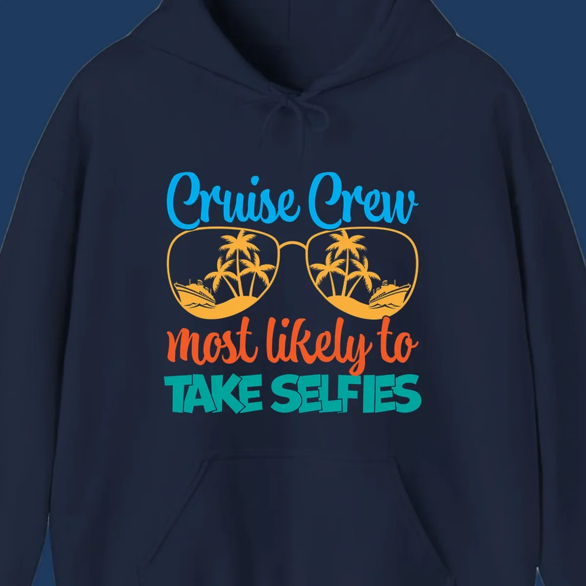 Cruise crew most likely to take selfies design with tropical sunglasses containing palm trees and ships