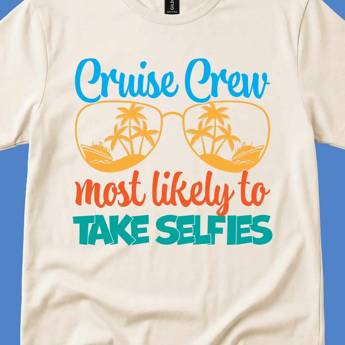 Cruise crew most likely to take selfies design with tropical sunglasses containing palm trees and ships