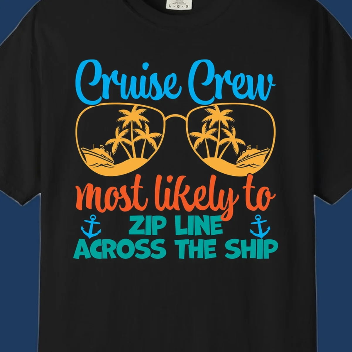 Cruise crew zip line design featuring sunglasses with tropical islands and ships, playful nautical text and anchors on gray background