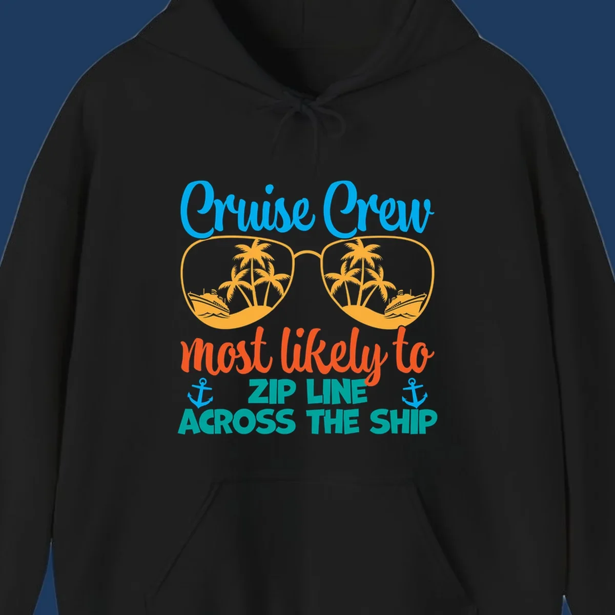 Cruise crew zip line design featuring sunglasses with tropical islands and ships, playful nautical text and anchors on gray background