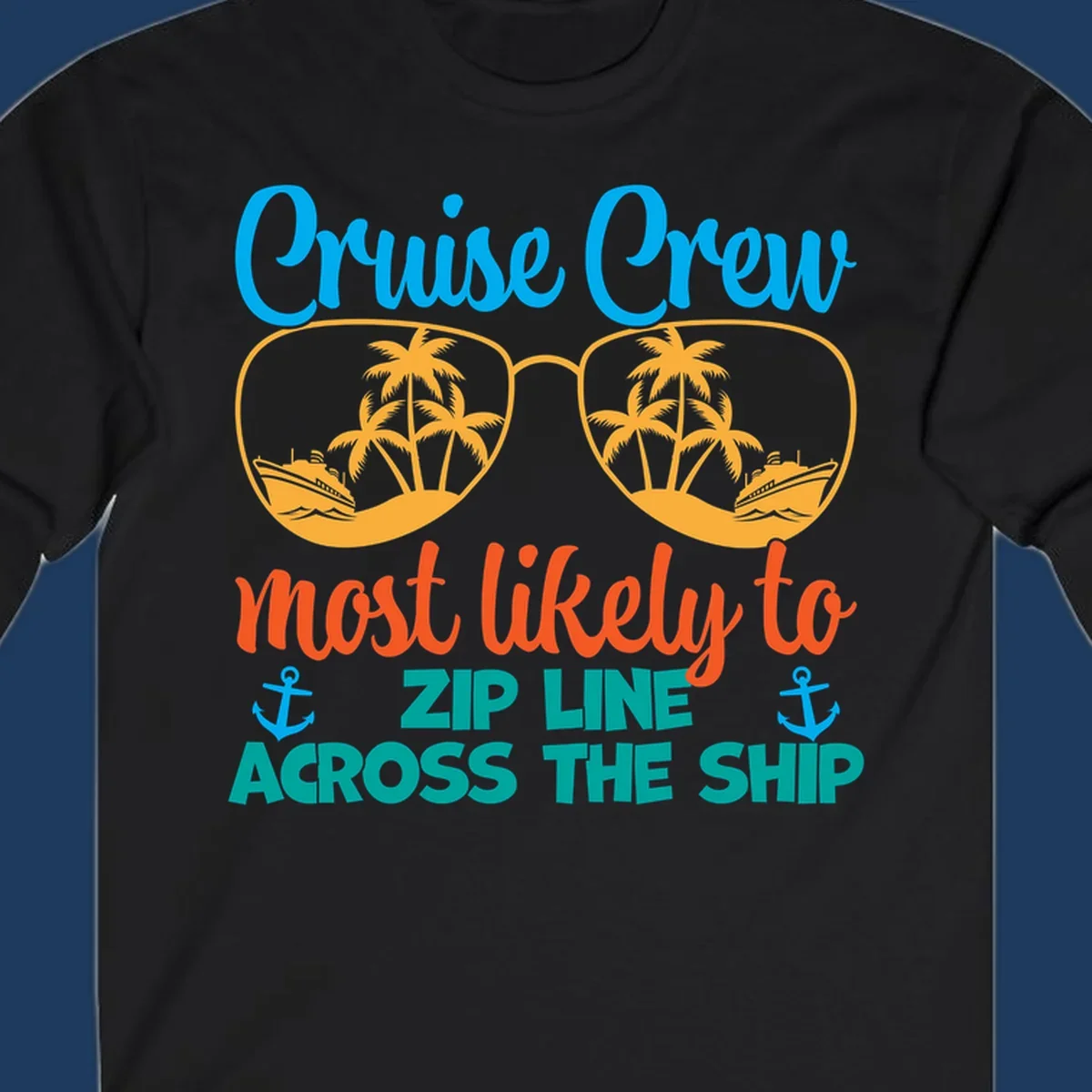Cruise crew zip line design featuring sunglasses with tropical islands and ships, playful nautical text and anchors on gray background