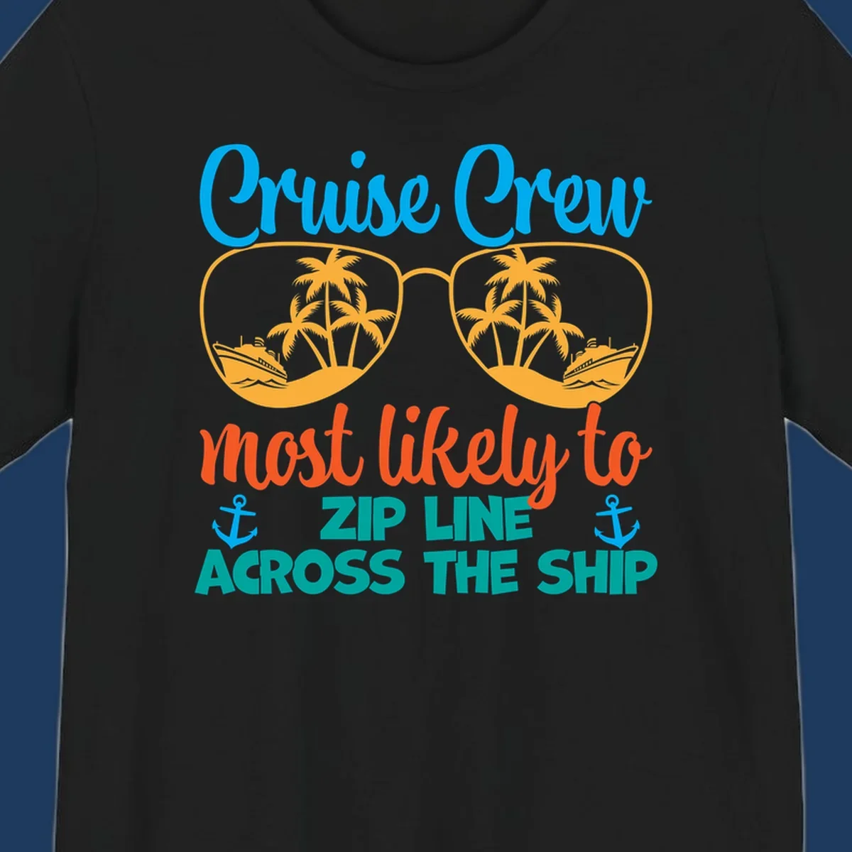 Cruise crew zip line design featuring sunglasses with tropical islands and ships, playful nautical text and anchors on gray background