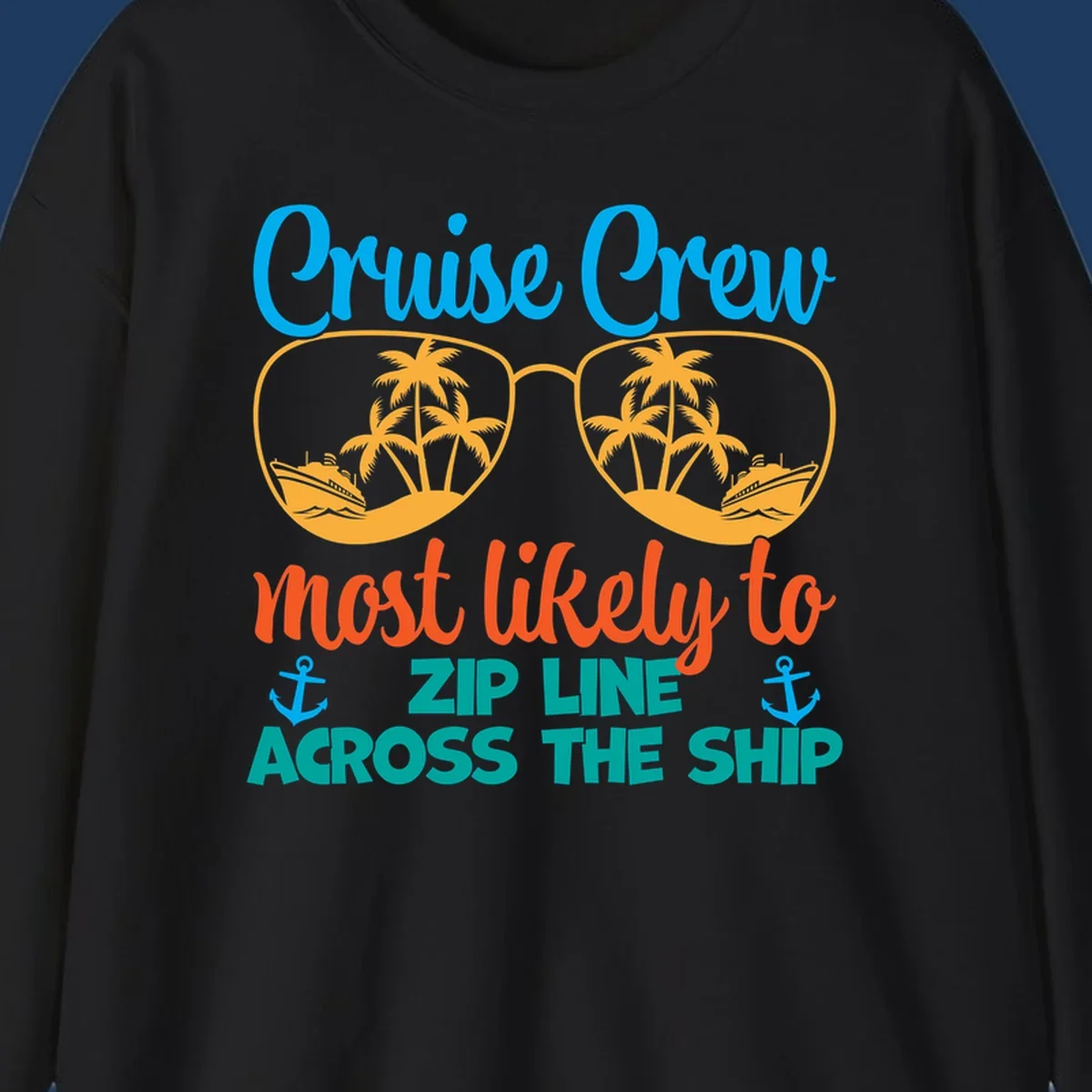 Cruise crew zip line design featuring sunglasses with tropical islands and ships, playful nautical text and anchors on gray background