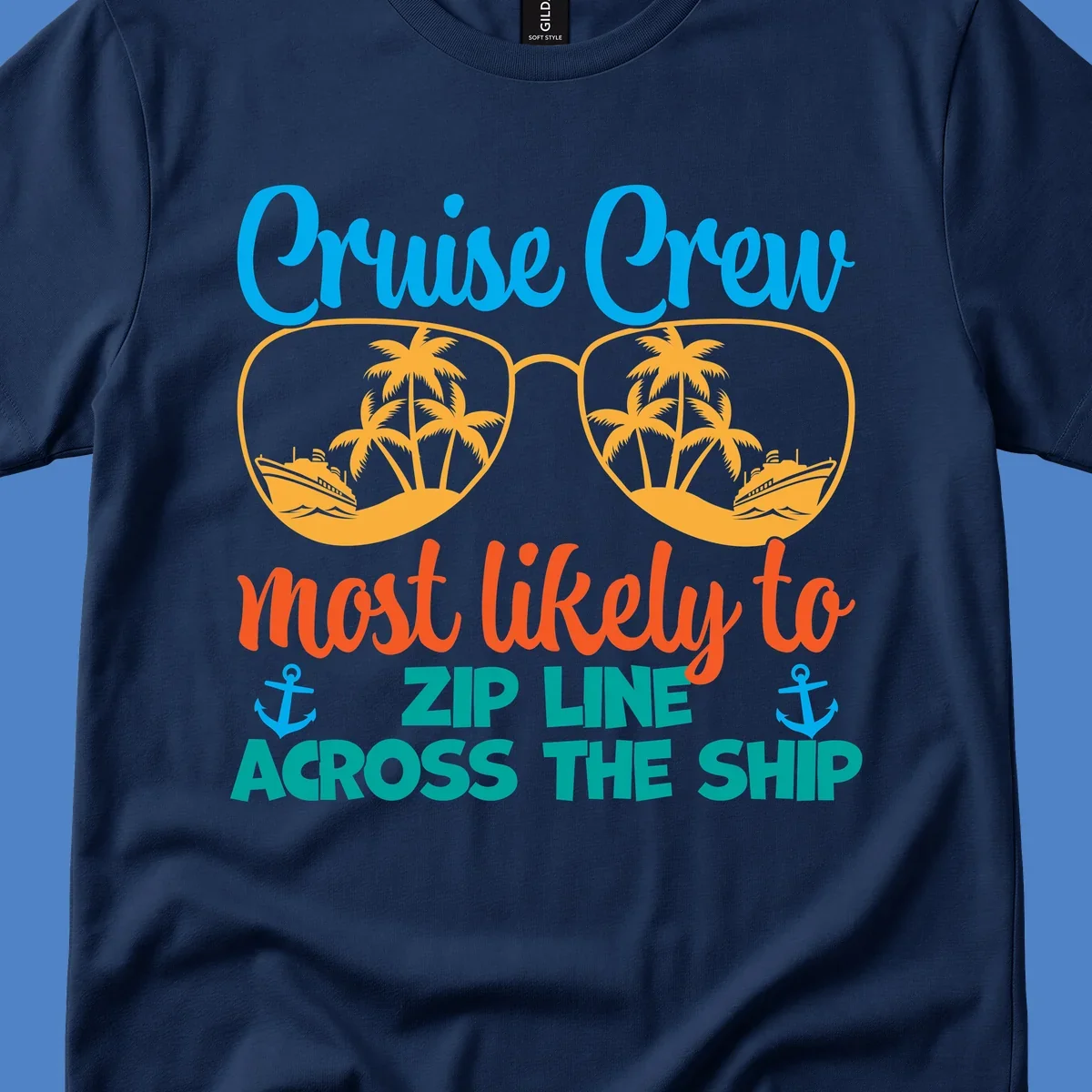 Cruise crew zip line design featuring sunglasses with tropical islands and ships, playful nautical text and anchors on gray background