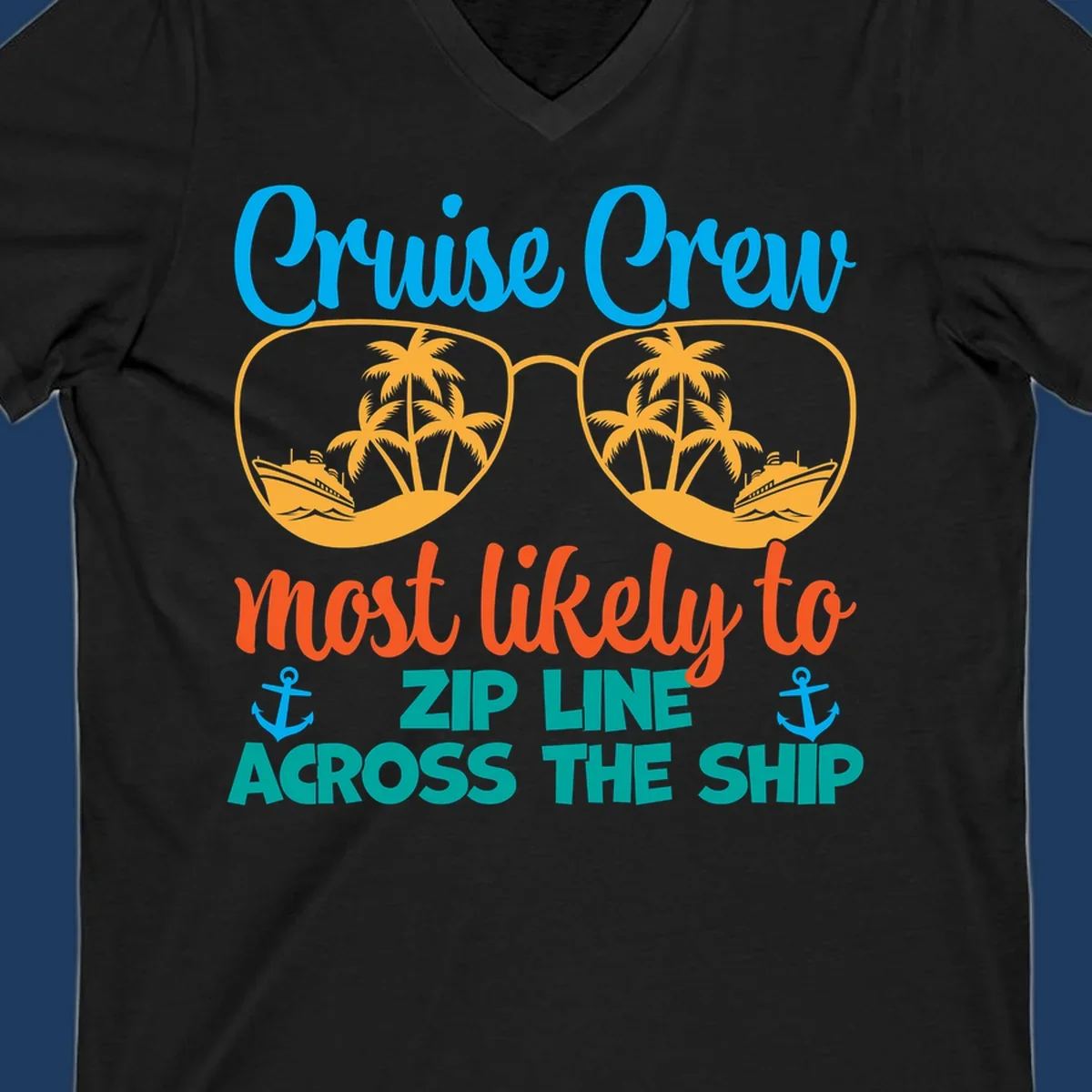 Cruise crew zip line design featuring sunglasses with tropical islands and ships, playful nautical text and anchors on gray background