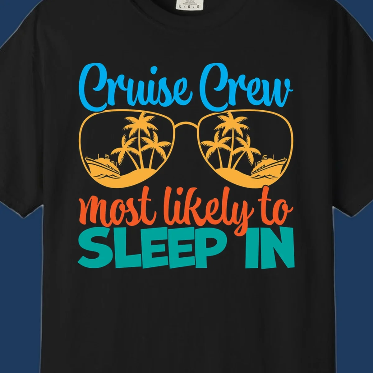 Cruise crew most likely to sleep in design with sunglasses containing palm trees and ships