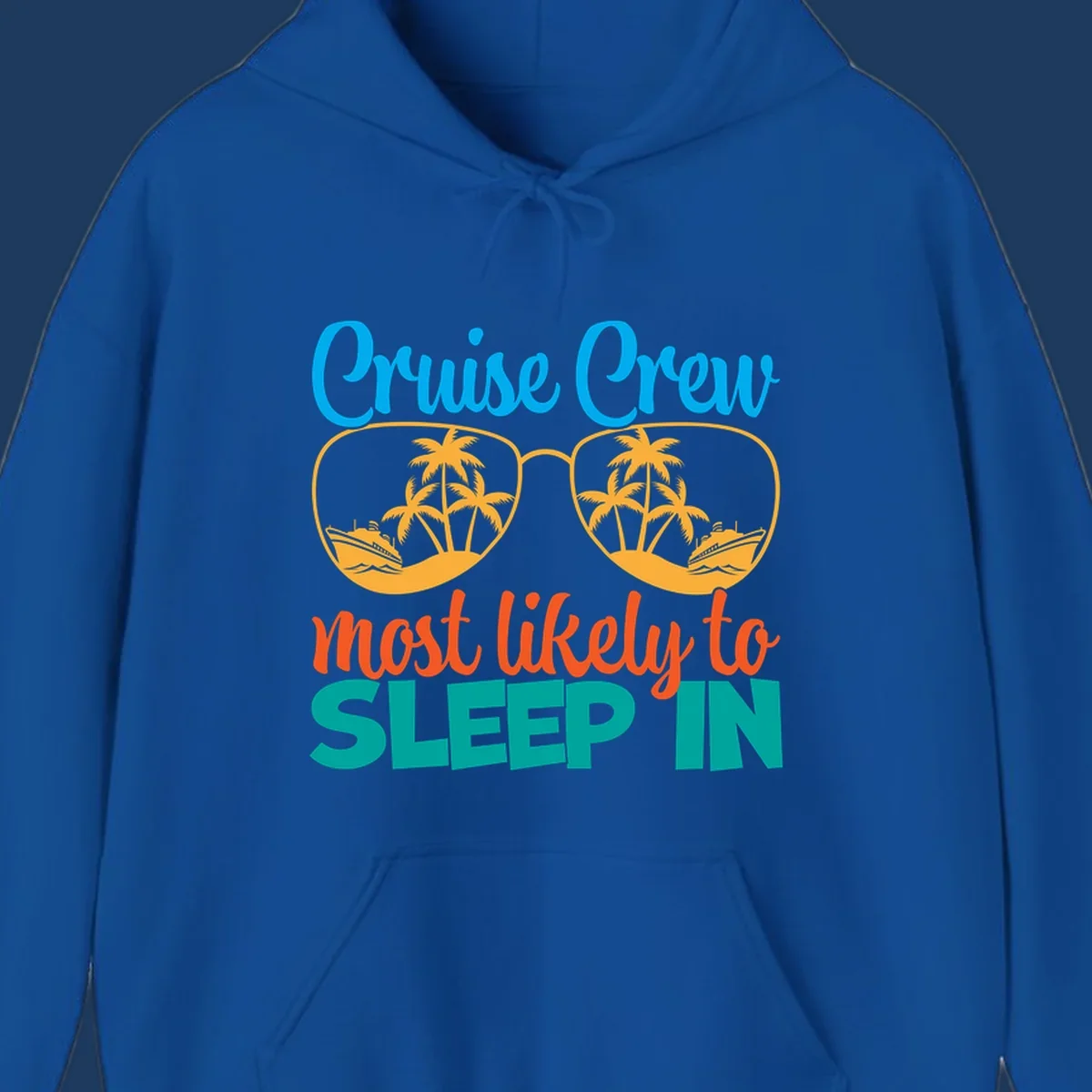 Cruise crew most likely to sleep in design with sunglasses containing palm trees and ships